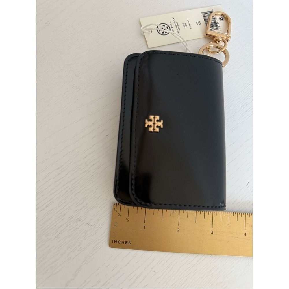 Tory Burch Emerson Smooth Flap Card Case Wallet 176972 Sleek Black Zip Key Hook - Picture 2 of 10